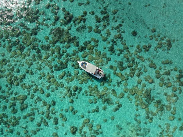 Photo by Alex Stunning aerial shot of a boat navigating over the vibrant coral reef waters of Mauritius.